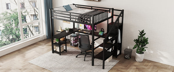 English Elm Metal Full Loft Bed with Wardrobe, LED, L-Desk & USB Ports — Space-Saving Full Size Bunk for Kids Teens Adults W2593S00008
