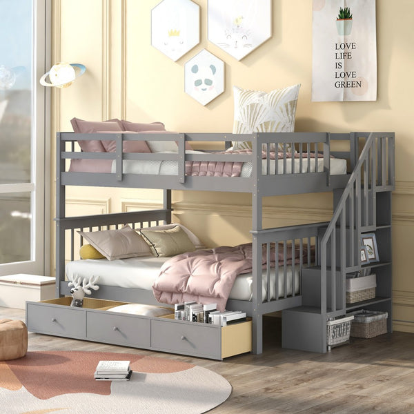 Homeroots Gray Double Full Size Stairway Bunk Bed With Drawer  Manufactured Wood And Solid Wood 404019