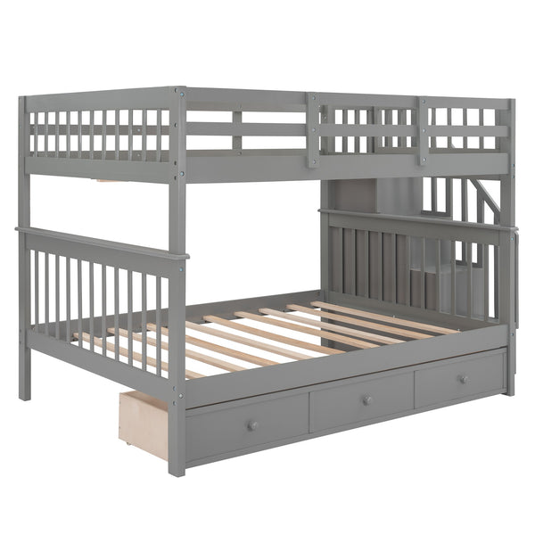 Homeroots Gray Double Full Size Stairway Bunk Bed With Drawer  Manufactured Wood And Solid Wood 404019