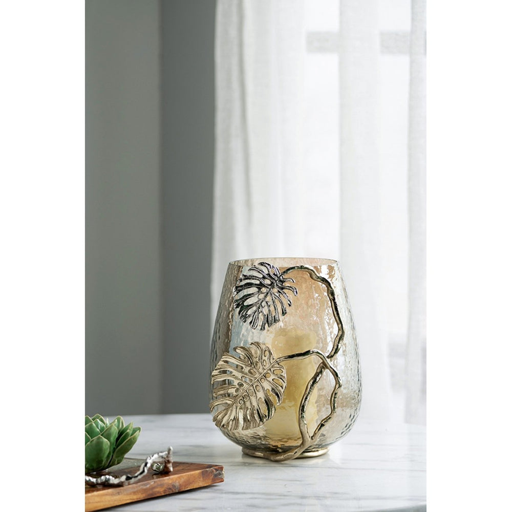 English Elm 9.8x8.5x10.8" Palm Motif Hurricane Holder Silver Aluminum Smoke Glass Mantel Decor W2078P490401