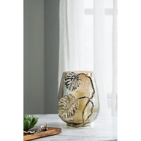 English Elm 9.8x8.5x10.8" Palm Motif Hurricane Holder Silver Aluminum Smoke Glass Mantel Decor W2078P490401