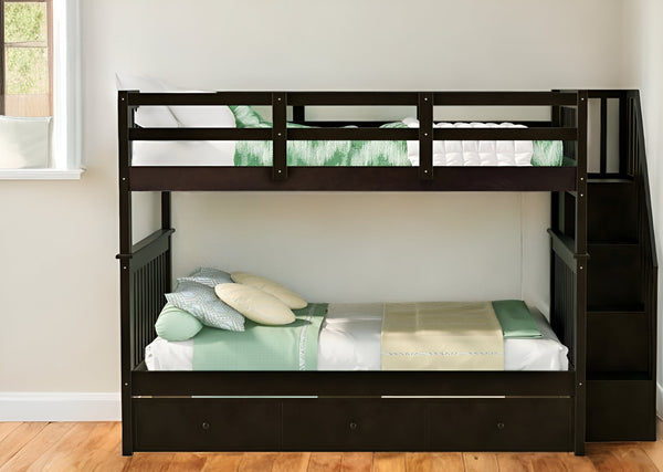 Homeroots Brown Double Full Size Stairway Bunk Bed With Drawer  Manufactured Wood And Solid Wood 404021