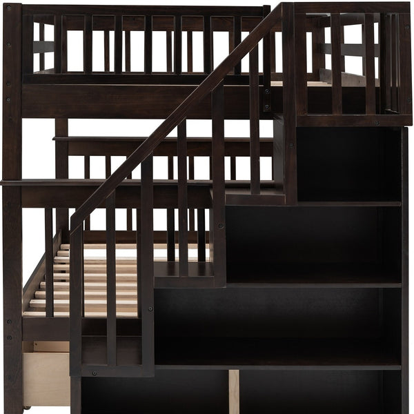 Homeroots Brown Double Full Size Stairway Bunk Bed With Drawer  Manufactured Wood And Solid Wood 404021