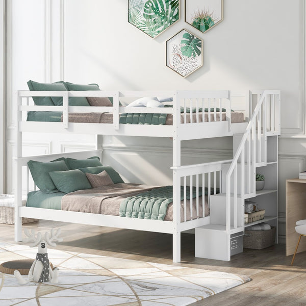 Homeroots White Double Full Size Stairway Bunk Bed  Manufactured Wood And Solid Wood 404024