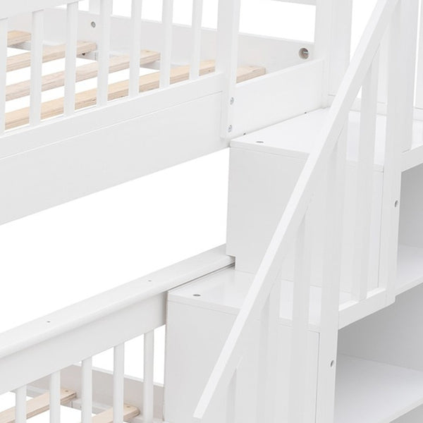 Homeroots White Double Full Size Stairway Bunk Bed  Manufactured Wood And Solid Wood 404024