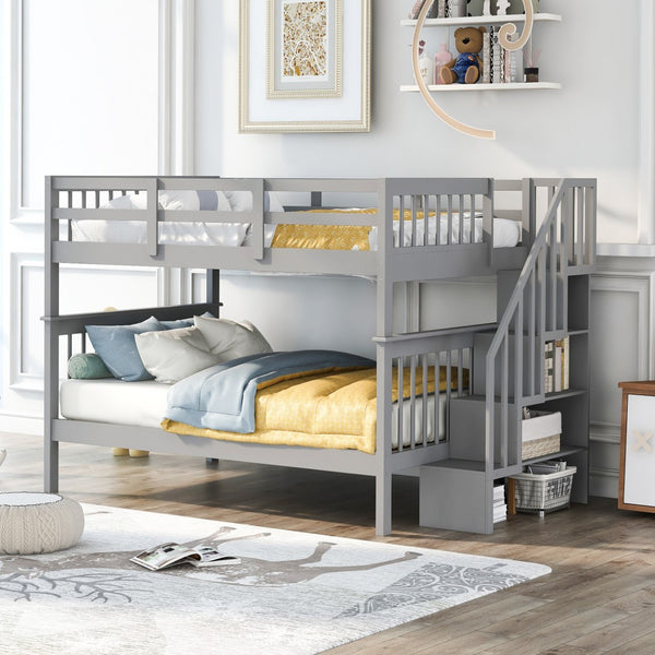 Homeroots Gray Double Full Size Stairway Bunk Bed  Manufactured Wood And Solid Wood 404025