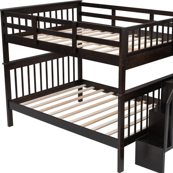 Homeroots Brown Double Full Size Stairway Bunk Bed  Manufactured Wood And Solid Wood 404026
