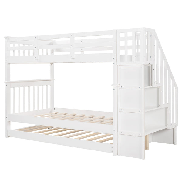 Homeroots White Double Twin Size Stairway Bunk Bed  Manufactured Wood And Solid Wood 404029