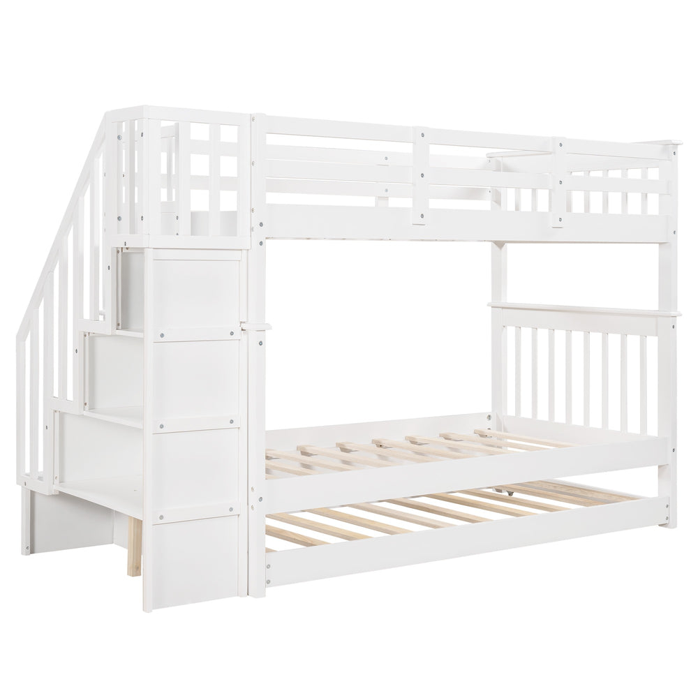Homeroots White Double Twin Size Stairway Bunk Bed  Manufactured Wood And Solid Wood 404029