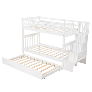 Homeroots White Double Twin Size Stairway Bunk Bed  Manufactured Wood And Solid Wood 404029