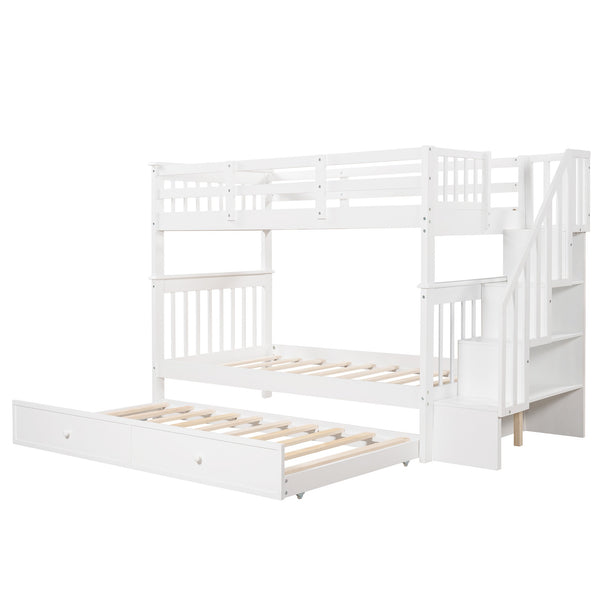 Homeroots White Double Twin Size Stairway Bunk Bed  Manufactured Wood And Solid Wood 404029