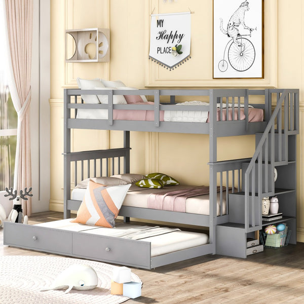 Homeroots Gray Double Twin Size Stairway Bunk Bed  Manufactured Wood And Solid Wood 404030
