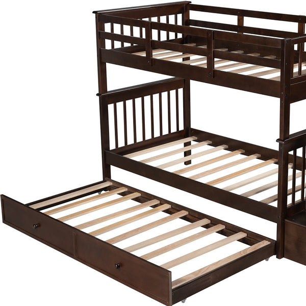Homeroots Brown Double Twin Size Stairway Bunk Bed  Manufactured Wood And Solid Wood 404031