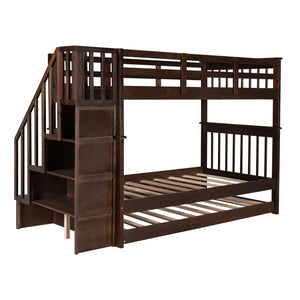 Homeroots Brown Double Twin Size Stairway Bunk Bed  Manufactured Wood And Solid Wood 404031