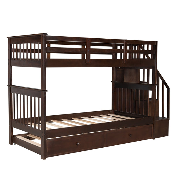 Homeroots Brown Double Twin Size Stairway Bunk Bed  Manufactured Wood And Solid Wood 404031