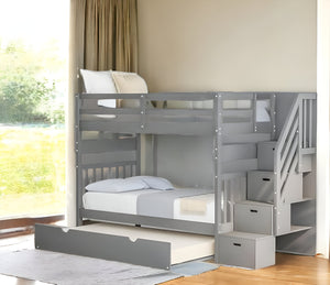Homeroots Gray Twin Over Twin Bunk Bed With Stairway And Drawers  Manufactured Wood And Solid Wood 404035
