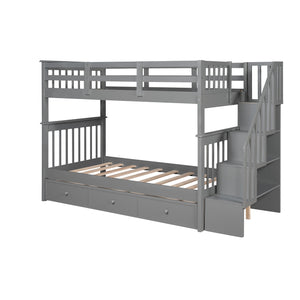 Homeroots Gray Twin Over Twin Bunk Bed With Stairway And Drawers  Manufactured Wood And Solid Wood 404035
