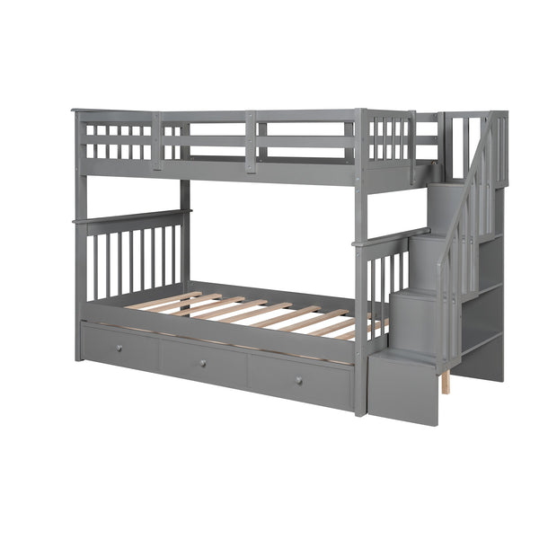 Homeroots Gray Twin Over Twin Bunk Bed With Stairway And Drawers  Manufactured Wood And Solid Wood 404035