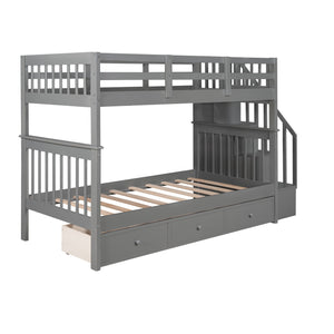 Homeroots Gray Twin Over Twin Bunk Bed With Stairway And Drawers  Manufactured Wood And Solid Wood 404035