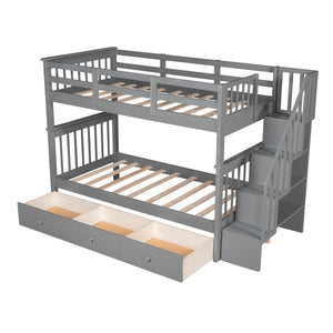 Homeroots Gray Twin Over Twin Bunk Bed With Stairway And Drawers  Manufactured Wood And Solid Wood 404035