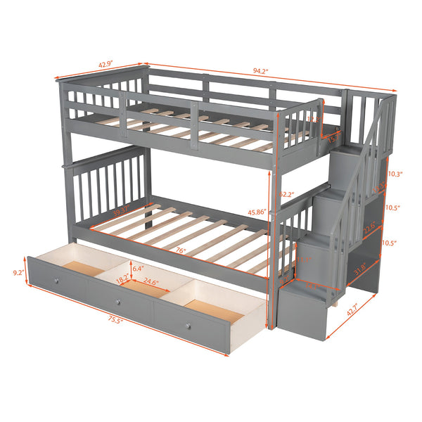 Homeroots Gray Twin Over Twin Bunk Bed With Stairway And Drawers  Manufactured Wood And Solid Wood 404035