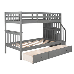 Homeroots Gray Twin Over Twin Bunk Bed With Stairway And Drawers  Manufactured Wood And Solid Wood 404035