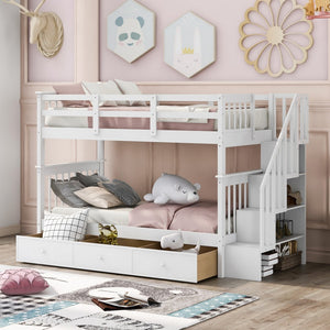 Homeroots White Twin Over Twin Bunk Bed With Stairway And Drawers  Manufactured Wood And Solid Wood 404036