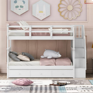 Homeroots White Twin Over Twin Bunk Bed With Stairway And Drawers  Manufactured Wood And Solid Wood 404036