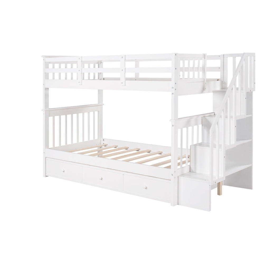 Homeroots White Twin Over Twin Bunk Bed With Stairway And Drawers  Manufactured Wood And Solid Wood 404036