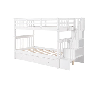 Homeroots White Twin Over Twin Bunk Bed With Stairway And Drawers  Manufactured Wood And Solid Wood 404036