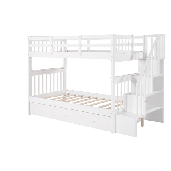 Homeroots White Twin Over Twin Bunk Bed With Stairway And Drawers  Manufactured Wood And Solid Wood 404036