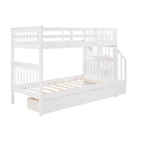 Homeroots White Twin Over Twin Bunk Bed With Stairway And Drawers  Manufactured Wood And Solid Wood 404036