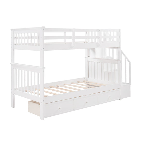 Homeroots White Twin Over Twin Bunk Bed With Stairway And Drawers  Manufactured Wood And Solid Wood 404036