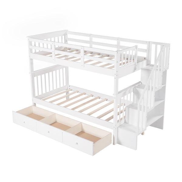 Homeroots White Twin Over Twin Bunk Bed With Stairway And Drawers  Manufactured Wood And Solid Wood 404036