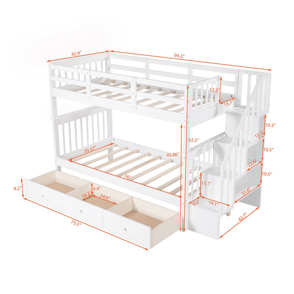 Homeroots White Twin Over Twin Bunk Bed With Stairway And Drawers  Manufactured Wood And Solid Wood 404036