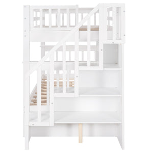 Homeroots White Twin Over Twin Bunk Bed With Stairway And Drawers  Manufactured Wood And Solid Wood 404036