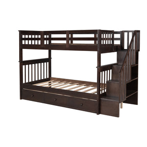 Homeroots Espresso Twin Over Twin Bunk Bed With Stairway And Drawers  Manufactured Wood And Solid Wood 404037