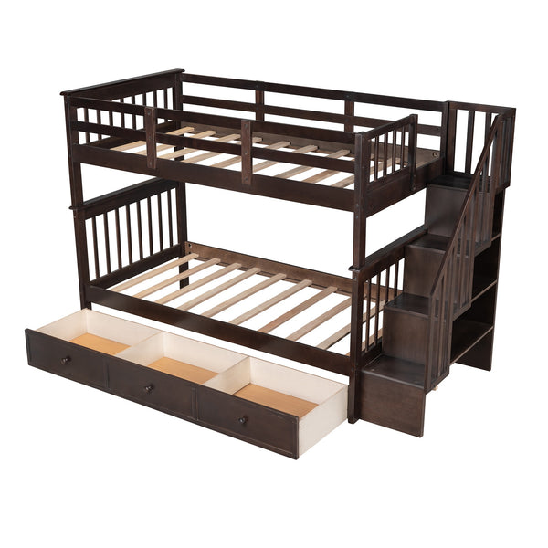 Homeroots Espresso Twin Over Twin Bunk Bed With Stairway And Drawers  Manufactured Wood And Solid Wood 404037
