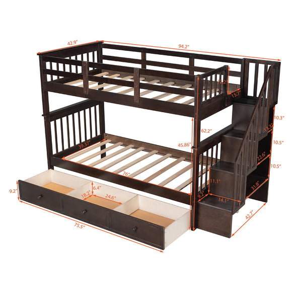 Homeroots Espresso Twin Over Twin Bunk Bed With Stairway And Drawers  Manufactured Wood And Solid Wood 404037
