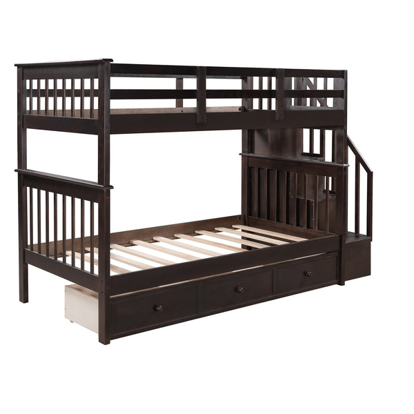 Homeroots Espresso Twin Over Twin Bunk Bed With Stairway And Drawers  Manufactured Wood And Solid Wood 404037