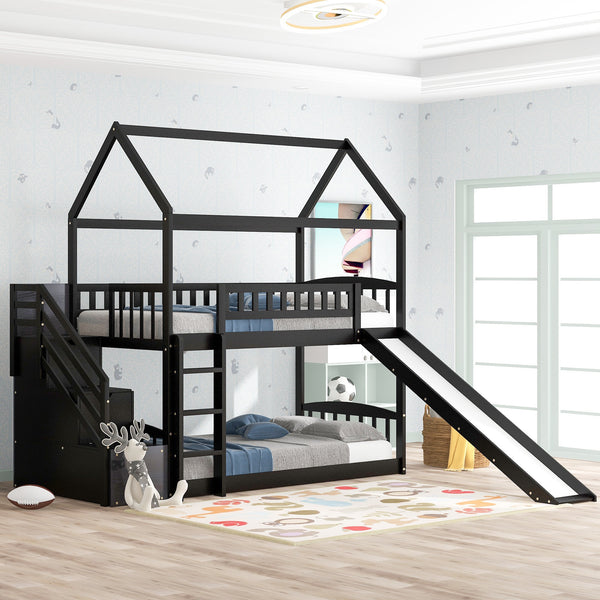 Homeroots Espresso Twin Over Twin Playhouse Styled Bunk Bed  Manufactured Wood And Solid Wood 404049