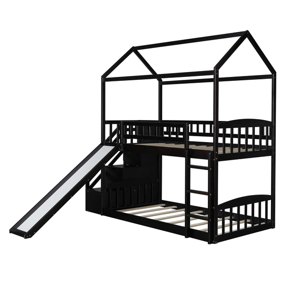 Homeroots Espresso Twin Over Twin Playhouse Styled Bunk Bed  Manufactured Wood And Solid Wood 404049