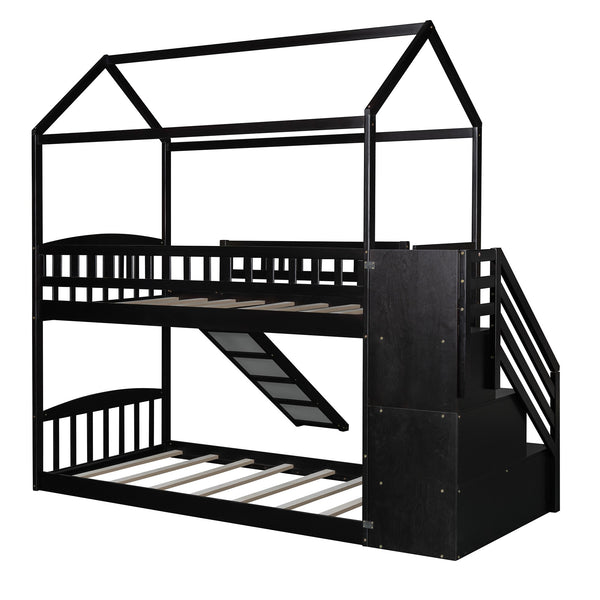 Homeroots Espresso Twin Over Twin Playhouse Styled Bunk Bed  Manufactured Wood And Solid Wood 404049