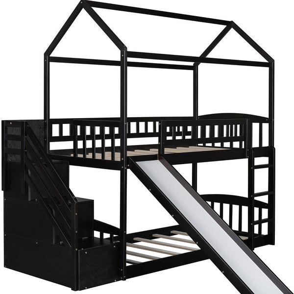 Homeroots Espresso Twin Over Twin Playhouse Styled Bunk Bed  Manufactured Wood And Solid Wood 404049