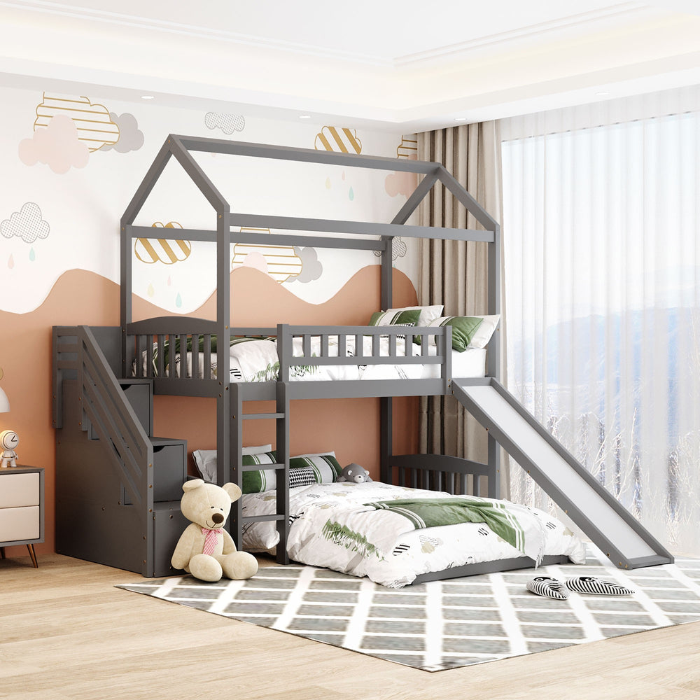 Homeroots Gray Twin Over Twin Playhouse Perpendicular Bunk Bed With Slide  Manufactured Wood And Solid Wood 404050