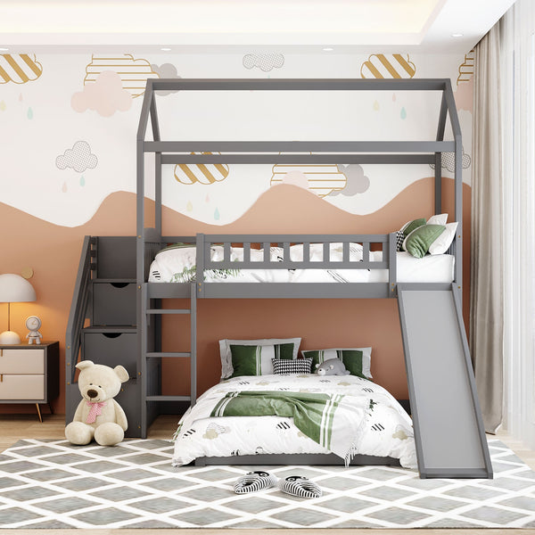 Homeroots Gray Twin Over Twin Playhouse Perpendicular Bunk Bed With Slide  Manufactured Wood And Solid Wood 404050
