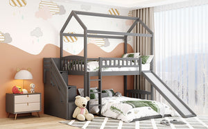 Homeroots Gray Twin Over Twin Playhouse Perpendicular Bunk Bed With Slide  Manufactured Wood And Solid Wood 404050