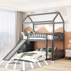 Homeroots Gray Twin Over Twin Playhouse Perpendicular Bunk Bed With Slide  Manufactured Wood And Solid Wood 404050
