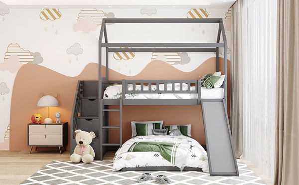 Homeroots Gray Twin Over Twin Playhouse Perpendicular Bunk Bed With Slide  Manufactured Wood And Solid Wood 404050