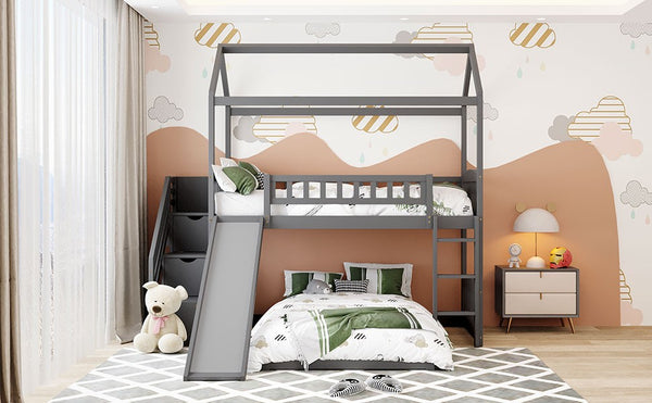 Homeroots Gray Twin Over Twin Playhouse Perpendicular Bunk Bed With Slide  Manufactured Wood And Solid Wood 404050